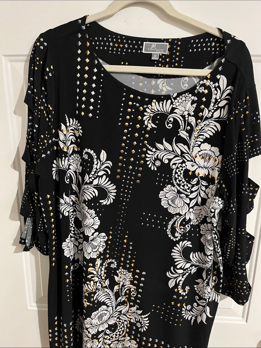 JM Collection Black Floral Print Cut off Sleeve Tunic with Gold Accents